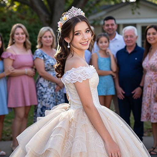 Photograph of a smiling young bride in a white lace off-shoulder wedding dress with a floral tiara, surrounded by smiling guests in colorful attire