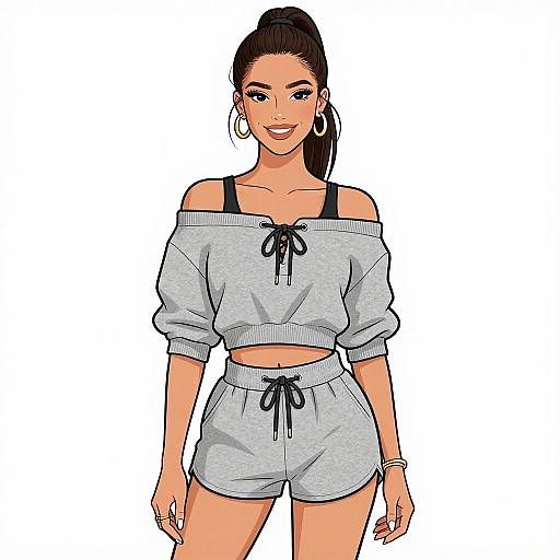 Digital illustration of a smiling woman with dark hair in a high ponytail, wearing an off-shoulder gray crop top and matching shorts, black bra