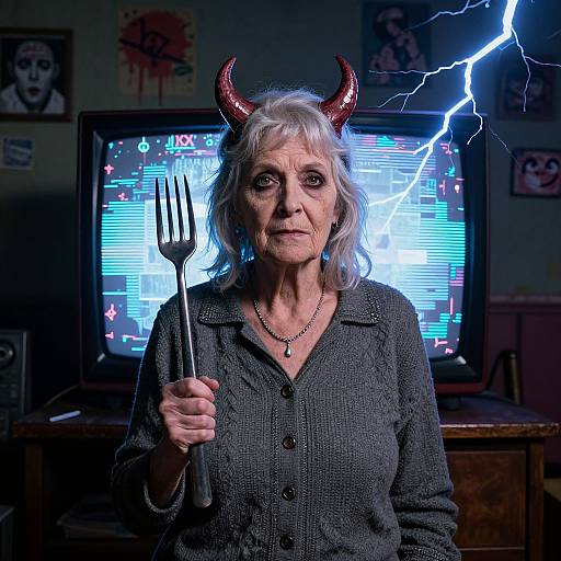 Photograph of an elderly woman with white hair, red devil horns, gray cardigan, holding a fork, against a TV screen with lightning, in