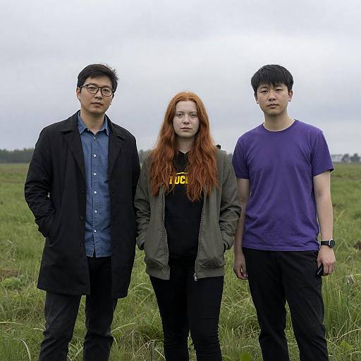 Three People Standing in a Green Field