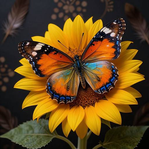 Photograph of a vibrant orange and black butterfly with blue accents perched on a bright yellow sunflower, set against a dark, patterned background with
