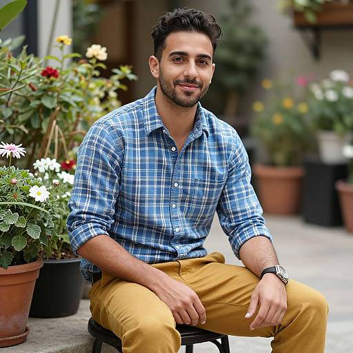 Photograph of a young man with dark hair and beard, wearing a blue plaid shirt and mustard pants, sitting among potted plants. Smiling