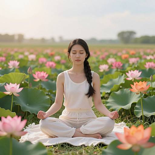 Asian woman with long black hair in white tank top and pants, meditating cross-legged in lotus field with pink flowers.