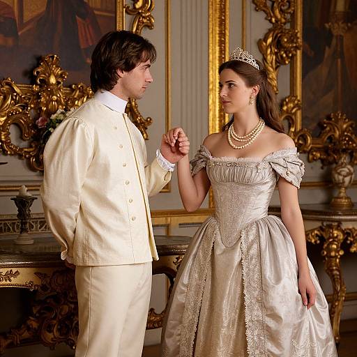 Photograph of a handsome man in a cream suit and a beautiful woman in an ornate white ball gown with tiara, holding hands in an op