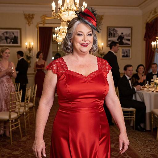 Photograph of a smiling mature woman in a red satin dress and black feathered hat, standing in a luxurious, chandelier-lit ballroom with