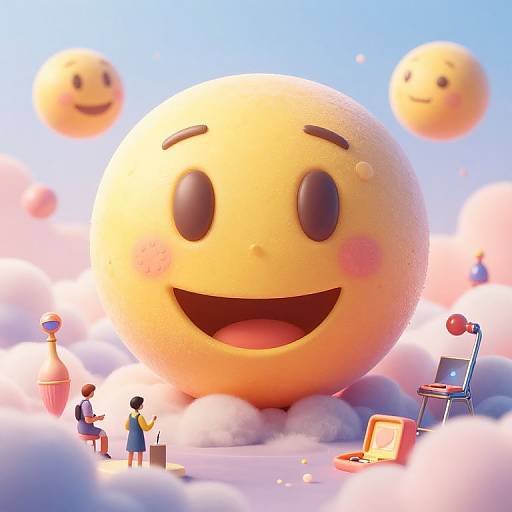 CGI image of a giant, smiling yellow emoji with pink cheeks, surrounded by fluffy clouds and smaller smiling emojis. Tiny characters interact with toys on a