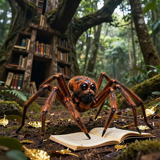 Photorealistic CGI: Large, fuzzy, orange and black spider with eight legs reads open book on forest floor, surrounded by moss, books on tree