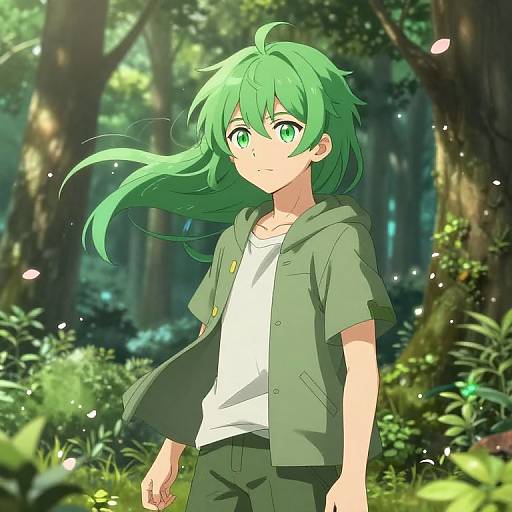 Green-Haired Anime Boy in Forest