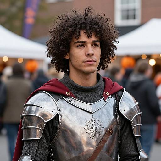 Photograph of a curly-haired young man in silver medieval armor with a red cape, standing outdoors in a blurred market setting.