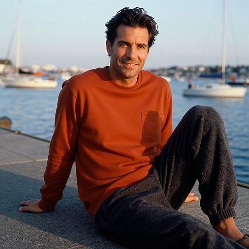 Photograph of a smiling middle-aged man with dark hair, wearing an orange sweater and dark pants, sitting on a waterfront pier with boats and a blue