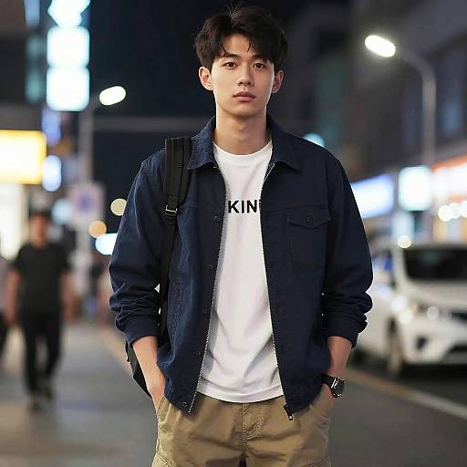 Photograph of a young Asian man with short black hair, wearing a dark blue jacket, white shirt, and beige pants, standing on a brightly lit