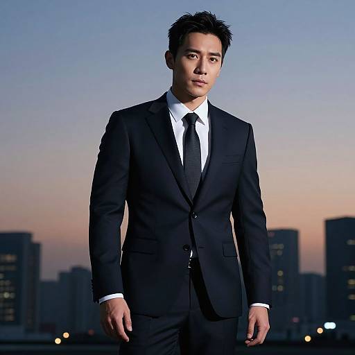 Photograph of an Asian man with short black hair, wearing a black suit, white shirt, and black tie, standing against a twilight city skyline.