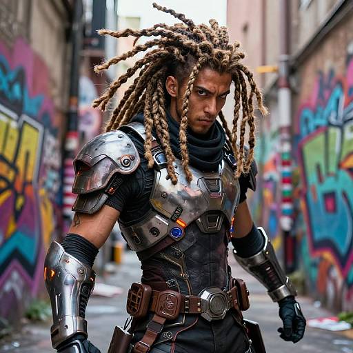 Photograph of a muscular man with dreadlocks, wearing futuristic metallic armor, black gloves, and dark clothing, walking down a graffiti-covered urban alley.