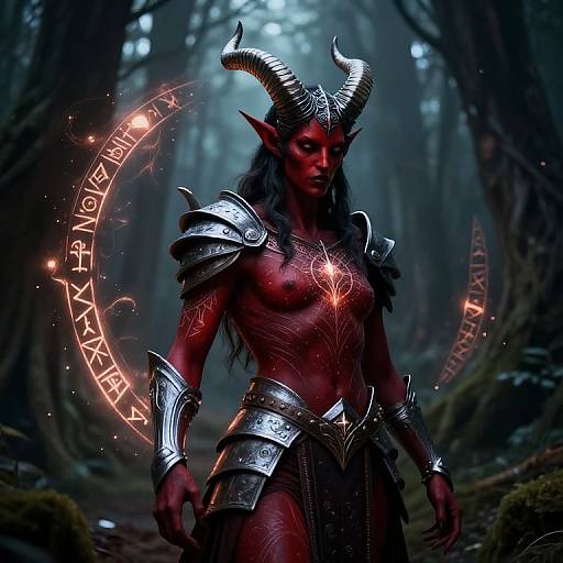 Digital fantasy artwork: Red-skinned demon woman with horns, glowing runes, and silver armor in a dark, misty forest. Her muscular, bare