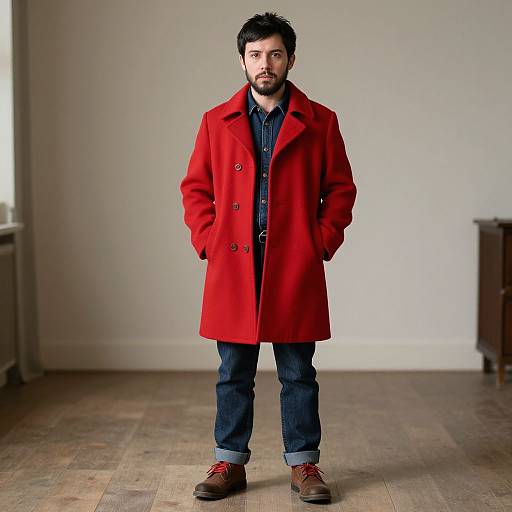 Red Coat Man Standing Indoors