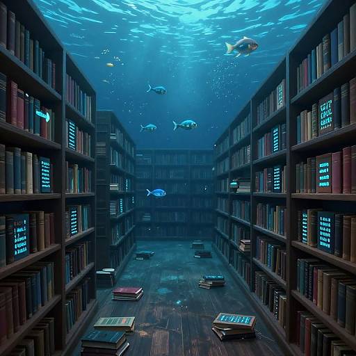 Photorealistic digital artwork of a dimly lit, underwater library with blue-lit bookshelves, scattered books, and colorful fish swimming overhead.
