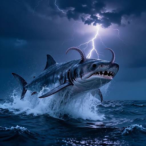 Digital artwork: A stormy sea, a monstrous shark with horns, lightning bolt, and dark, turbulent waves beneath a cloudy, electric sky.
