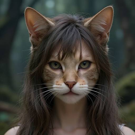 Photorealistic digital artwork of an anthropomorphic cat-woman with long brown hair, green eyes, and detailed fur, set against a blurred forest background