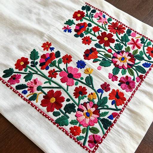 Photograph of a white cloth with colorful embroidered floral patterns, featuring red, pink, blue, and yellow flowers with green leaves, bordered by red stitches