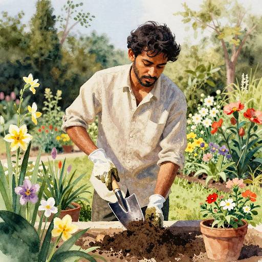 Gentle Gardener in Vibrant Botanical Garden