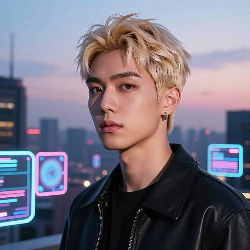 Photograph of a young, androgynous person with short, blonde, tousled hair, wearing a black leather jacket, standing against a city