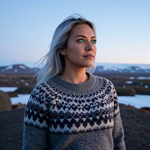 Photograph of a blonde woman with green eyes, wearing a black-and-white patterned sweater, standing outdoors at twilight with snow-covered landscape in the background