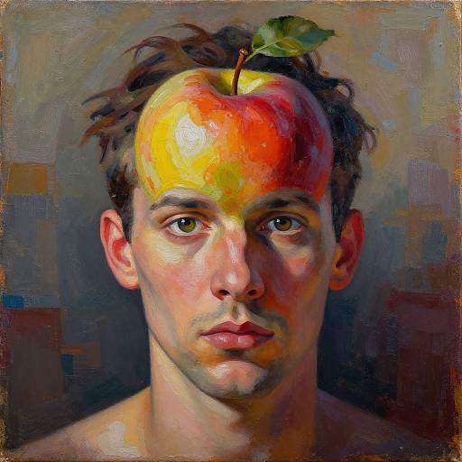 Digital painting of a young man with short brown hair, a large red-yellow apple on his forehead, and a neutral expression. Background is abstract with muted