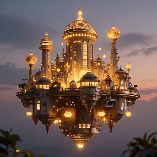 Photograph of a glowing, ornate, steampunk-style airship with domed towers and warm lights against a twilight sky, featuring intricate architectural