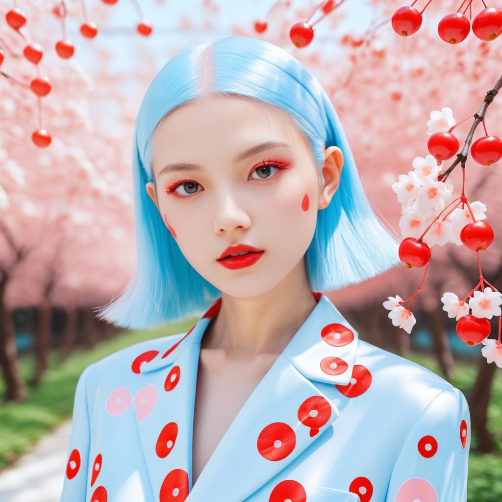 Albino Model Amidst Cherry Blossoms