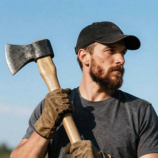 Bearded Man with Axe in Blue Sky