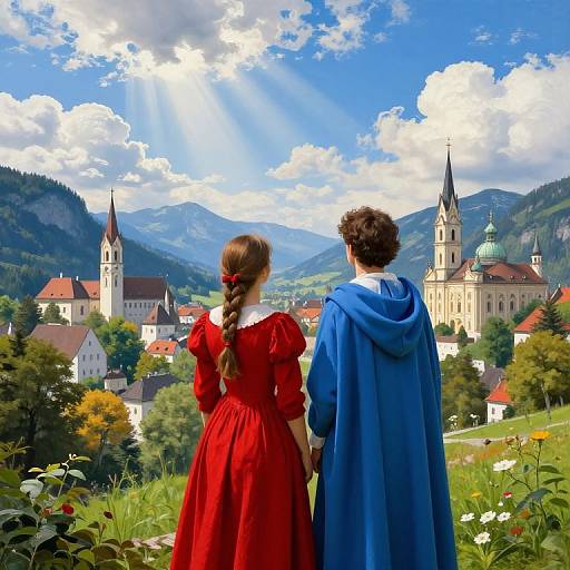 Photograph of a red-dressed woman with braided hair and a blue-caped man standing in a vibrant, sunlit European village with mountains and