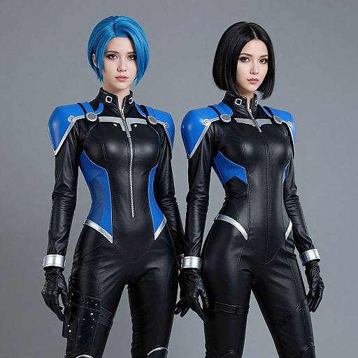 Photograph of two women in black and blue leather bodysuits with white accents, blue-haired left, black-haired right, standing against gray background.