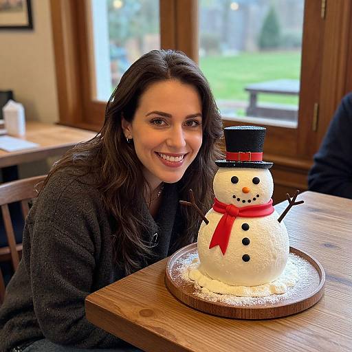 Smiling Woman with Festive Snowman Cake