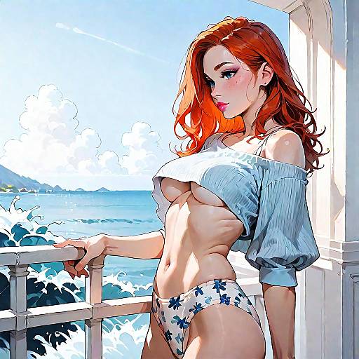 Redhead Woman on Mediterranean Balcony