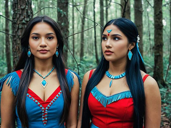 Photograph of two South Asian women with long black hair, wearing blue and red tribal-style dresses, turquoise jewelry, standing in a forest.