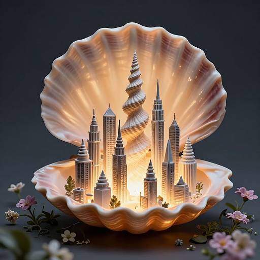 Miniature City in Glowing Seashell