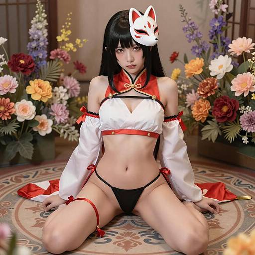Anime Woman with Fox Mask and Flowers