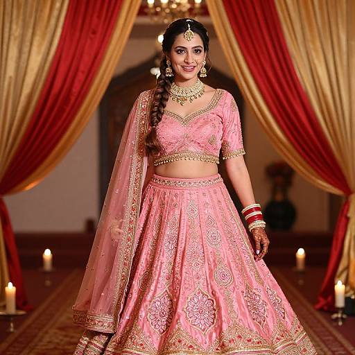 Indian bride in pink, gold-embroidered lehenga and choli, wearing jewelry, standing in ornate room with red and gold drapes