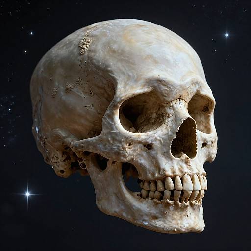 Photorealistic CGI of an aged, weathered human skull floating in a starry, black space background. Detailed texture highlights cracks and decay.