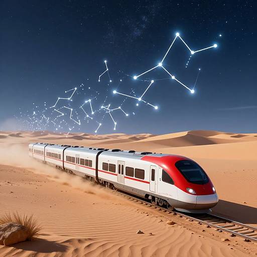 High-speed train with red and white cars travels through starlit desert, with constellations visible in the night sky above. Digital art.