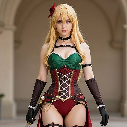 CGI image of a blonde woman in a green and red corset, black gloves, and red panties, with archway background.