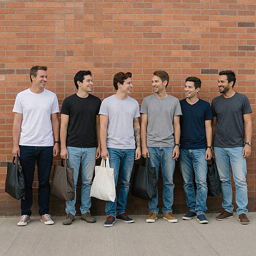 Six Casual Men Standing Against Brick Wall
