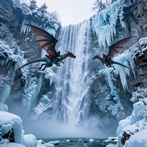 Digital artwork: Two black dragons with red membranes hover above a cascading, icy waterfall in a snow-covered, rocky canyon.