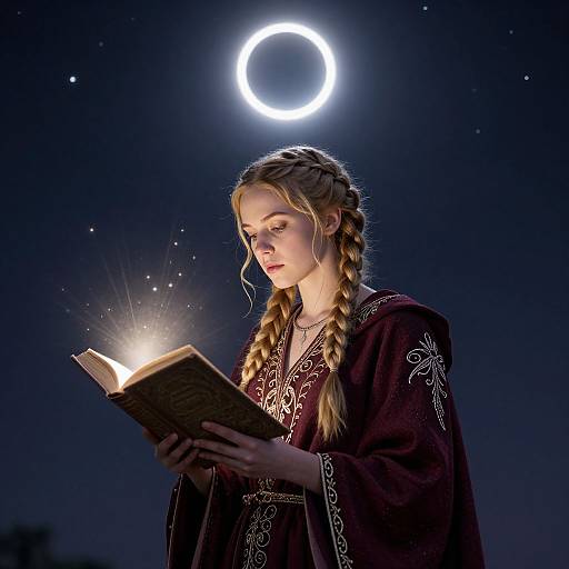 Photograph of a fair-skinned woman with braided blonde hair, wearing a dark medieval-style robe, reading an illuminated book under a glowing lunar circle