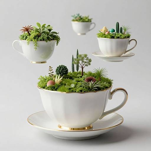Photograph of three white teacups with gold rims, each filled with small, diverse green plants and colorful flowers, floating against a white background.