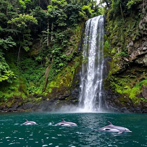 Lush Forest with Ocean and Waterfall