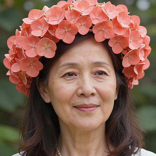 Mature Woman with Coral Hydrangea Wreath
