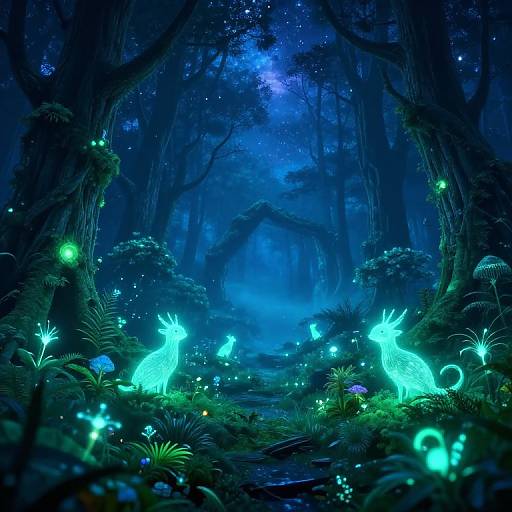 Digital artwork of a mystical, glowing blue forest at night, featuring luminescent deer and fireflies among dense, dark trees and vibrant biolumines