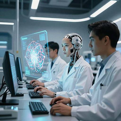 Photograph of three scientists in white lab coats working in a modern, brightly lit lab; female scientist with a cybernetic headband displays a glowing