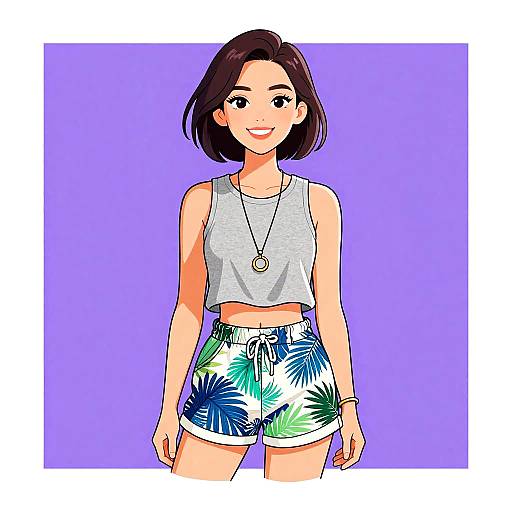 Digital illustration of a smiling, fair-skinned woman with short brown hair, wearing a gray crop top and green-blue leaf-patterned shorts, against a
